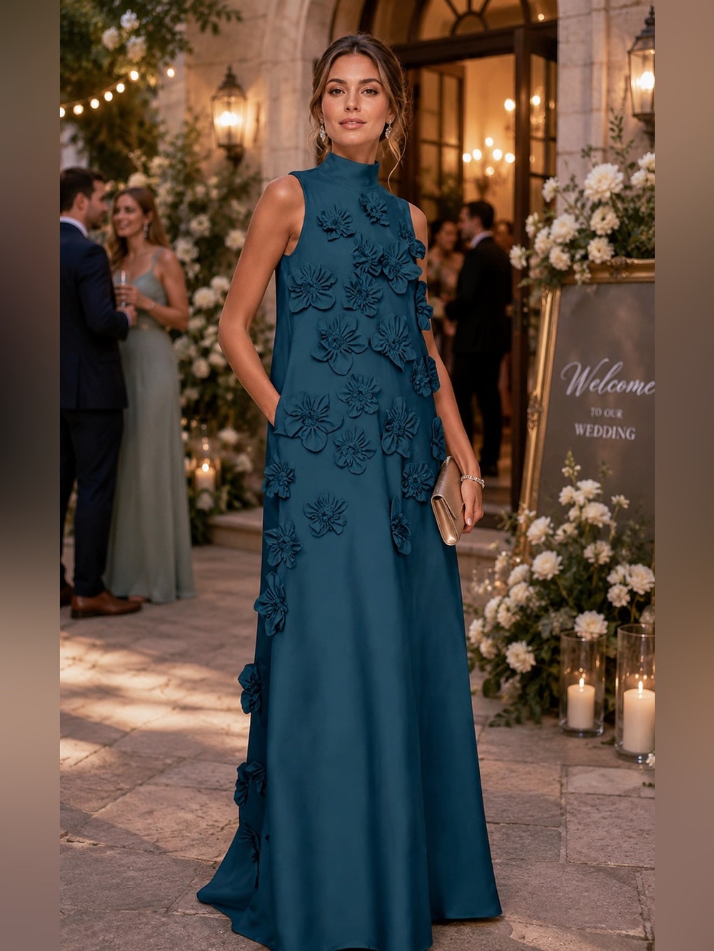 A Line High Neck Sleeveless Floor Length Stretch Crepe Dress With 3D Flowers